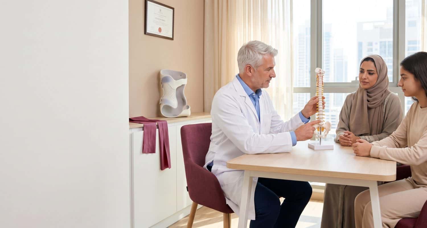 Dr is explaining to a mom how he can treat the daughter scoliosis