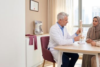Dr is explaining to a mom how he can treat the daughter scoliosis