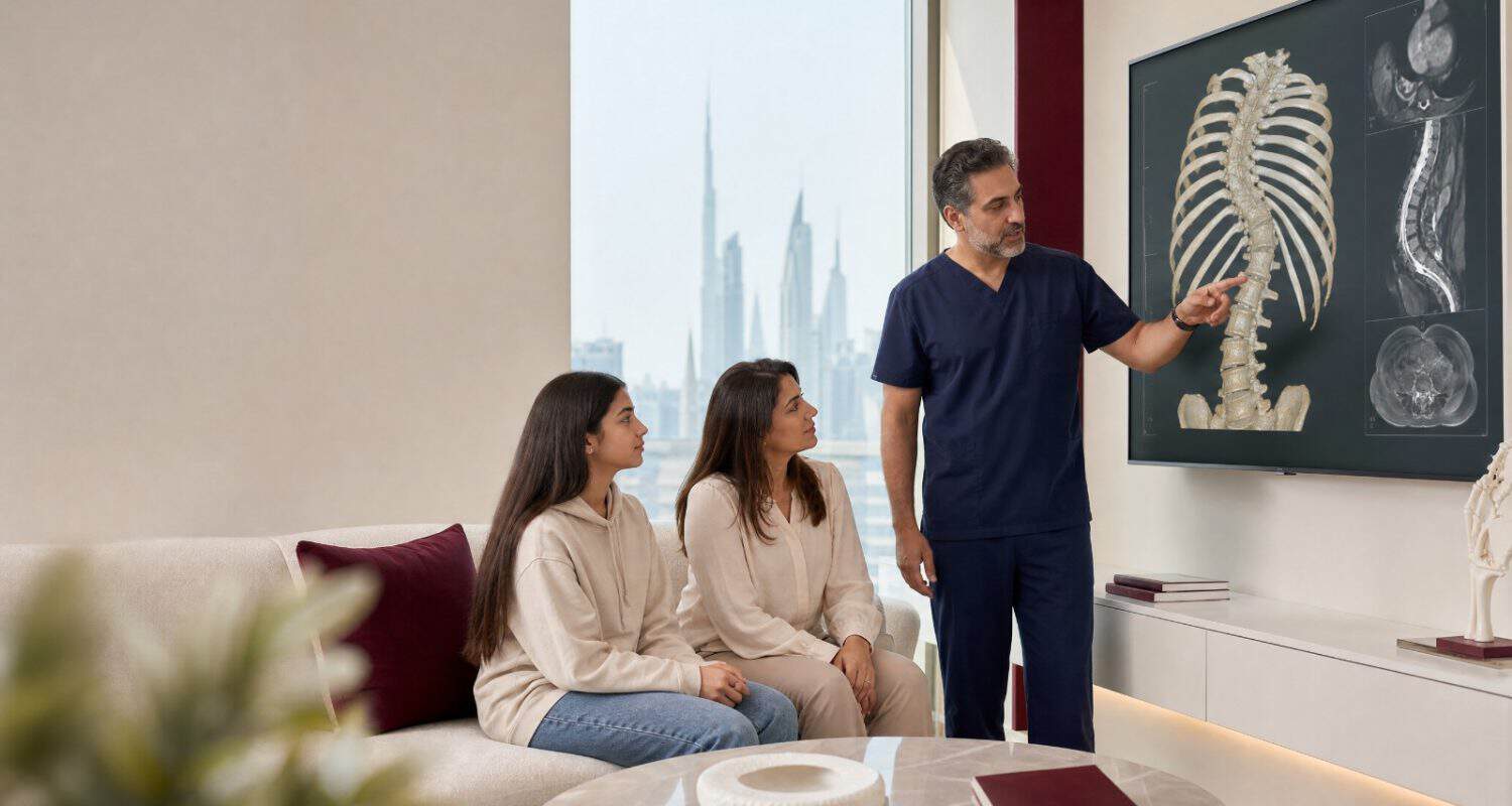 dr explaining about scoliosis surgery to mother and her child
