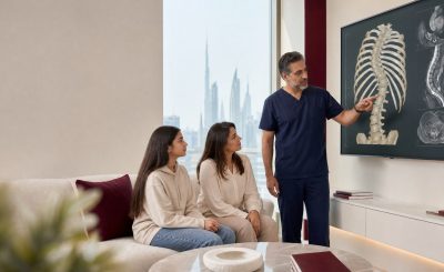 dr explaining about scoliosis surgery to mother and her child